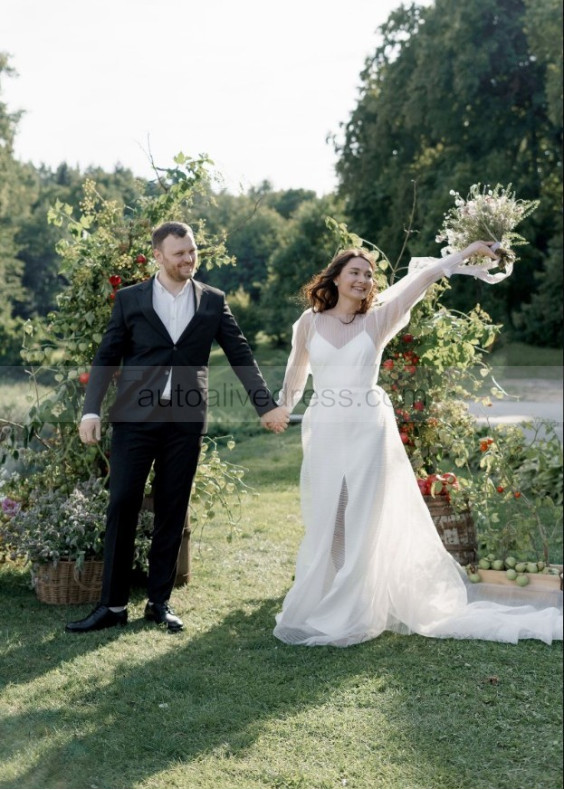 Two Piece Ivory Pleated Tulle Keyhole Back Wedding Dress